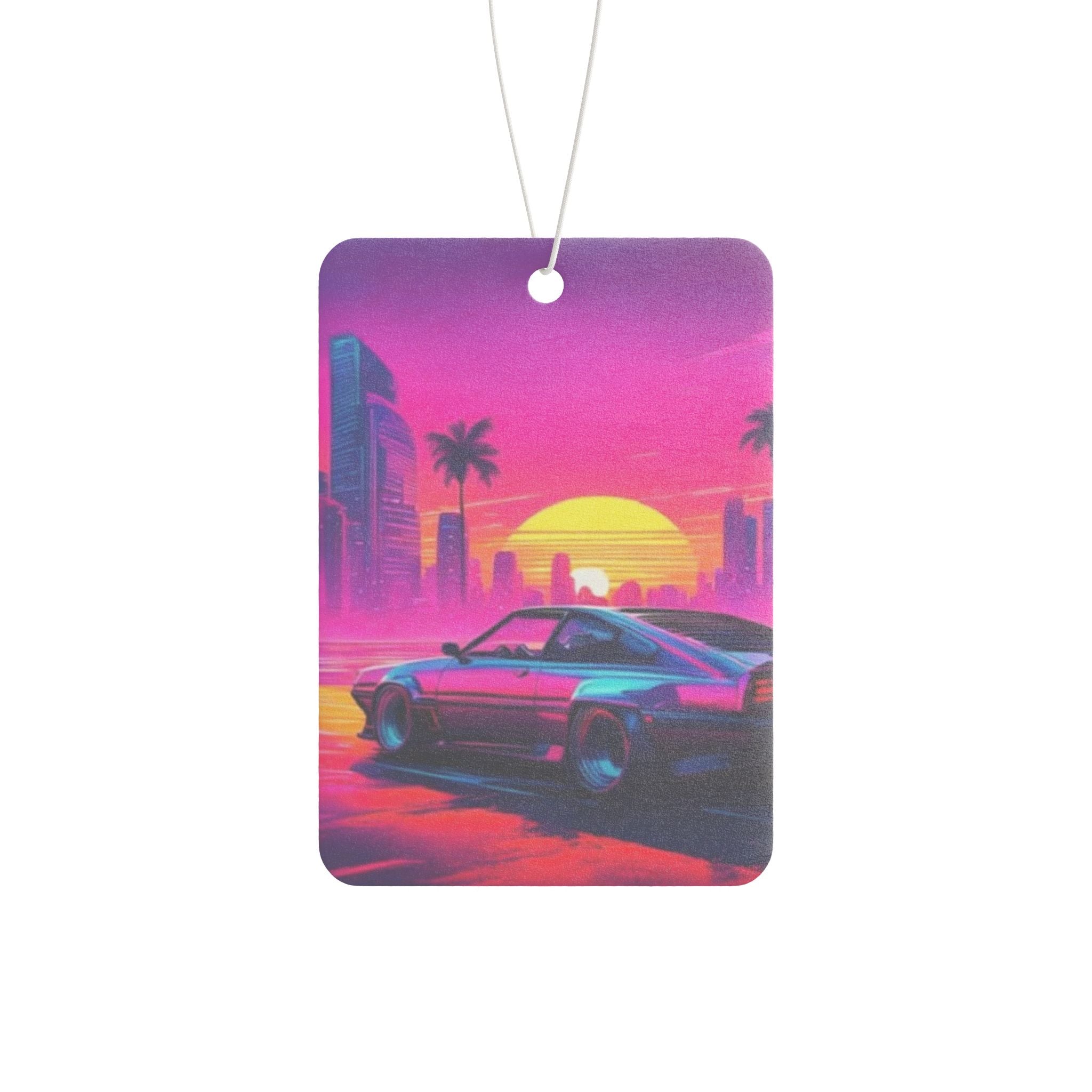Retro Sunset Car Air Freshener — Vaporwave Sports Car Scented Tag