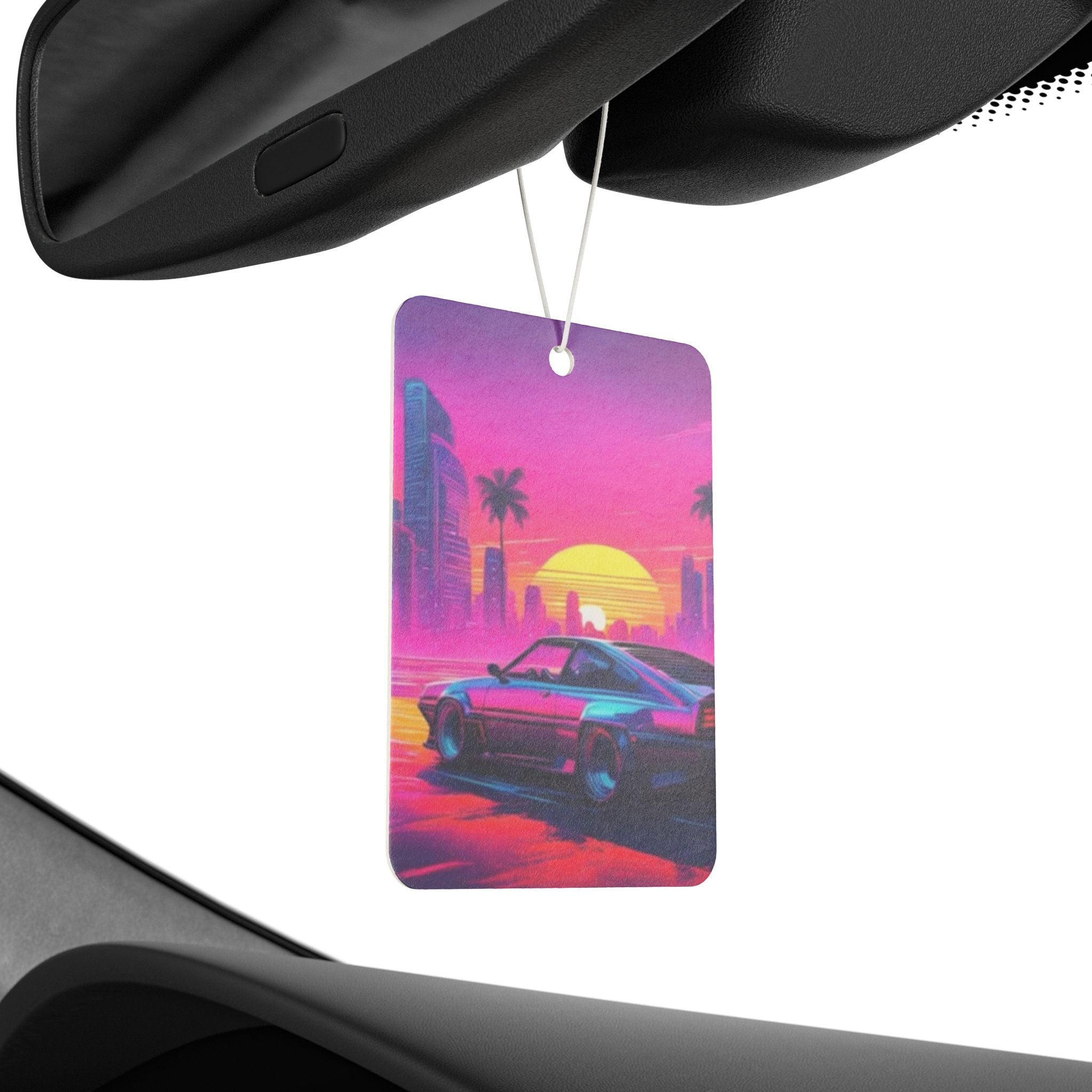 Retro Sunset Car Air Freshener — Vaporwave Sports Car Scented Tag