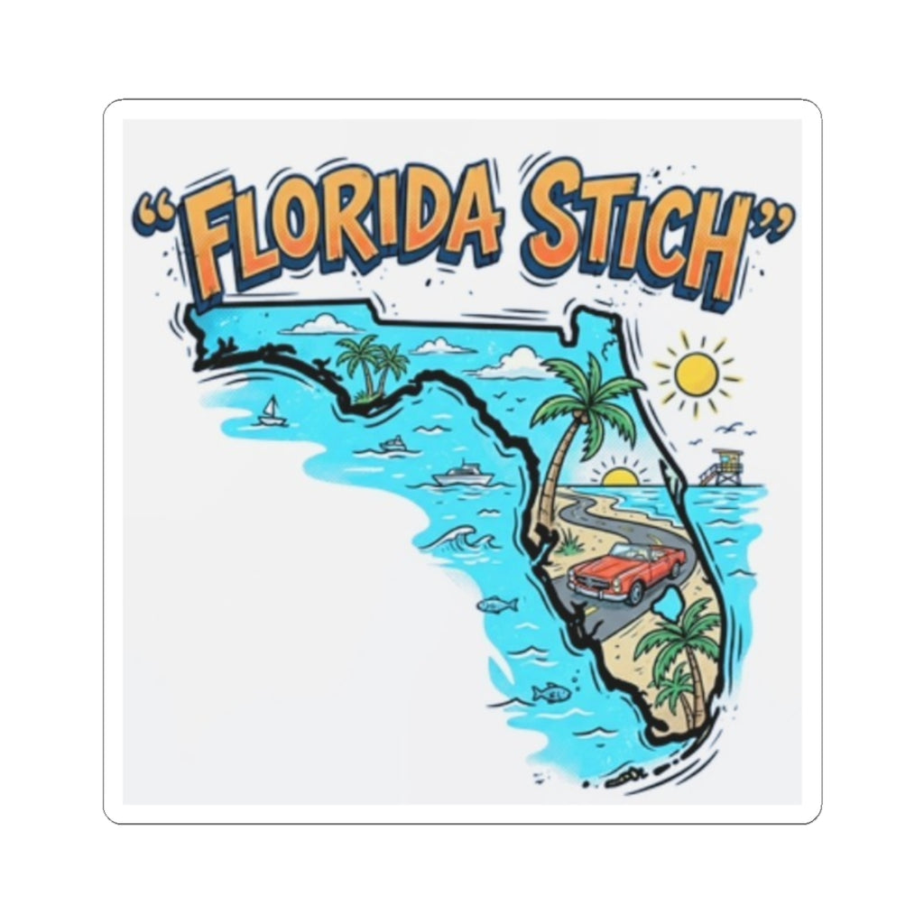 Florida Stitch Kiss-Cut Sticker — Vintage Florida Map Beach Design