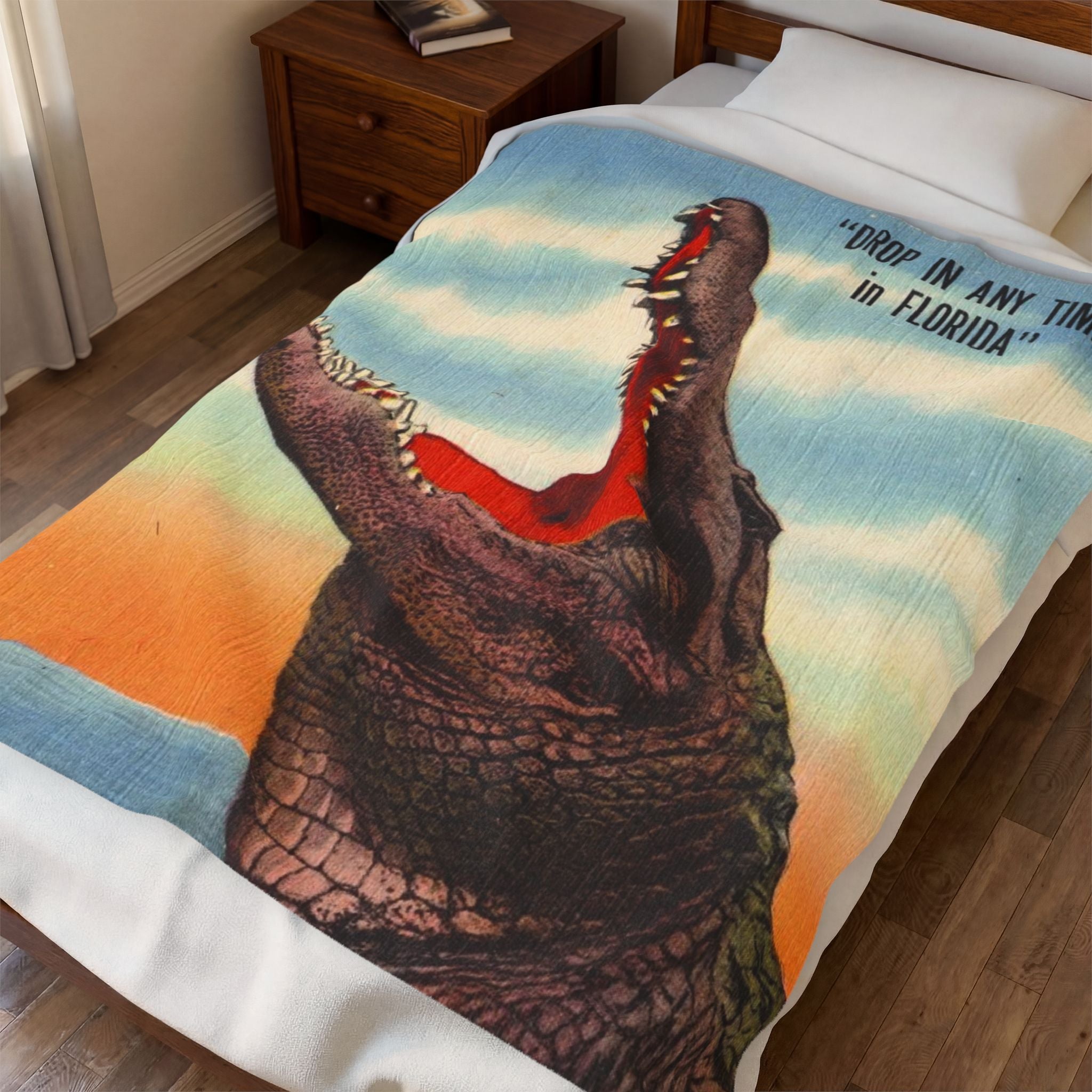 Florida Gator Velveteen Plush Blanket – “Drop In Any Time” Retro Alligator Throw