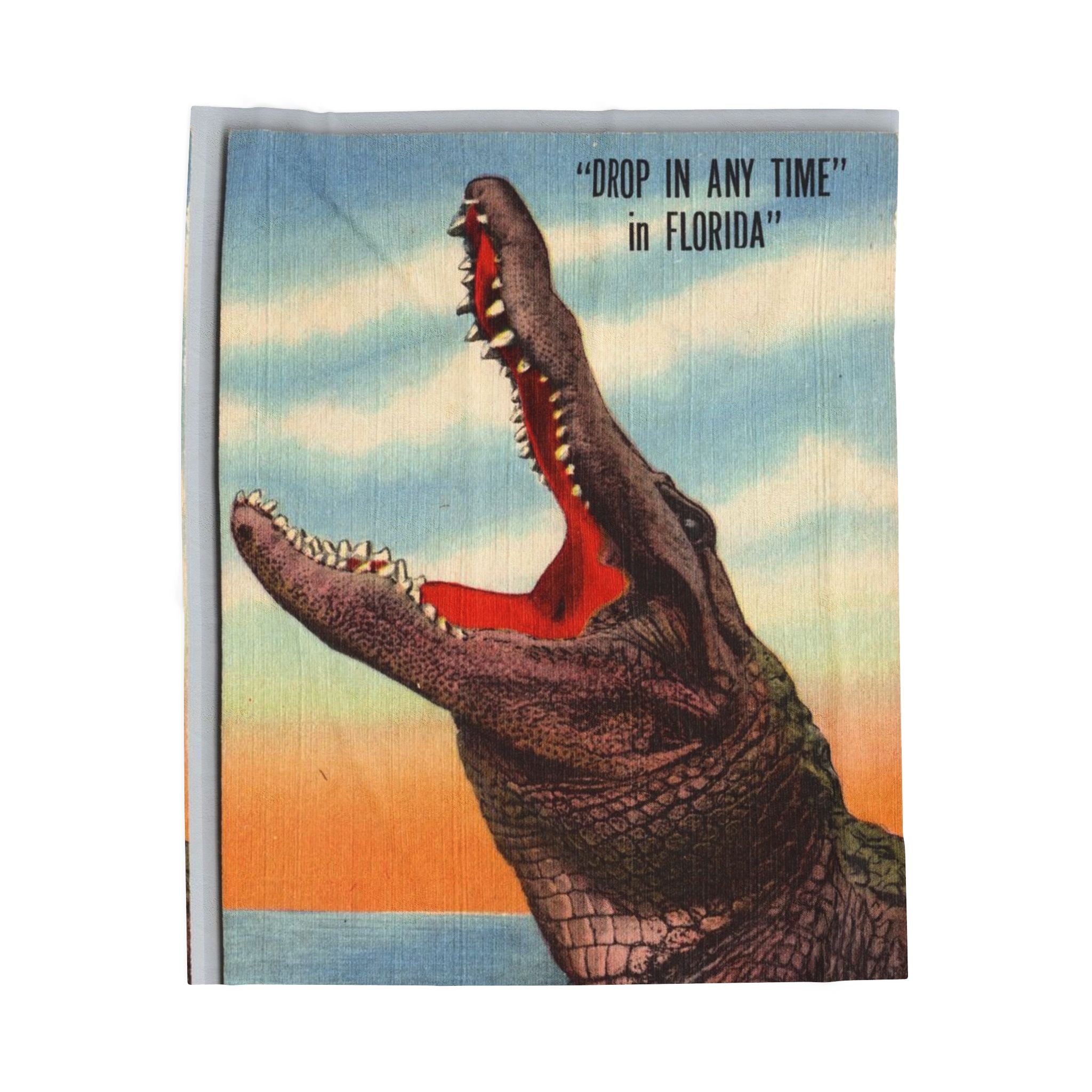 Florida Gator Velveteen Plush Blanket – “Drop In Any Time” Retro Alligator Throw